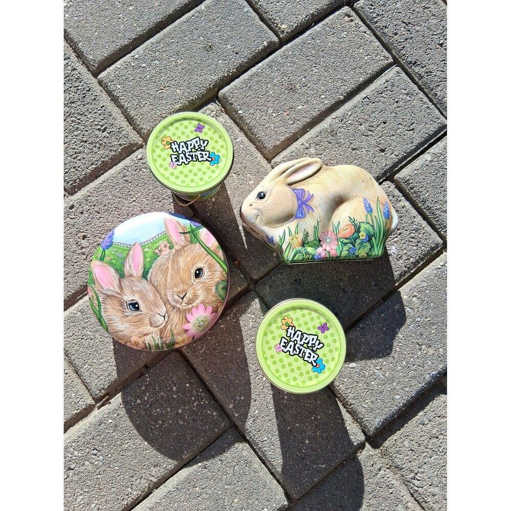4 Happy Easter Tins Bunny Rabbits Buckets Yellow Duckie Floral Vintage